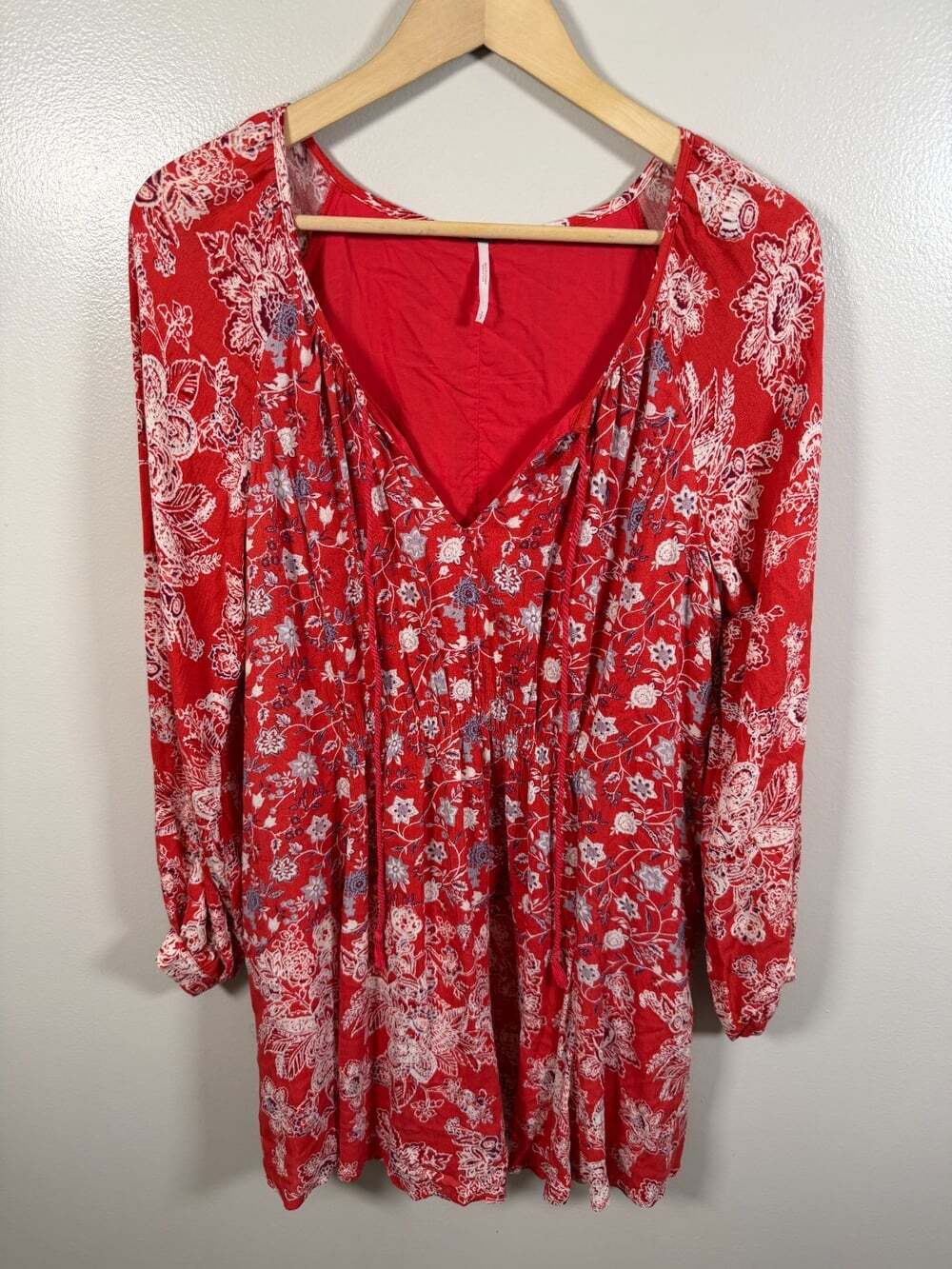 Free People Lucky Loosey Mini Dress Size Small Red Boho Hippie Peasant Indie